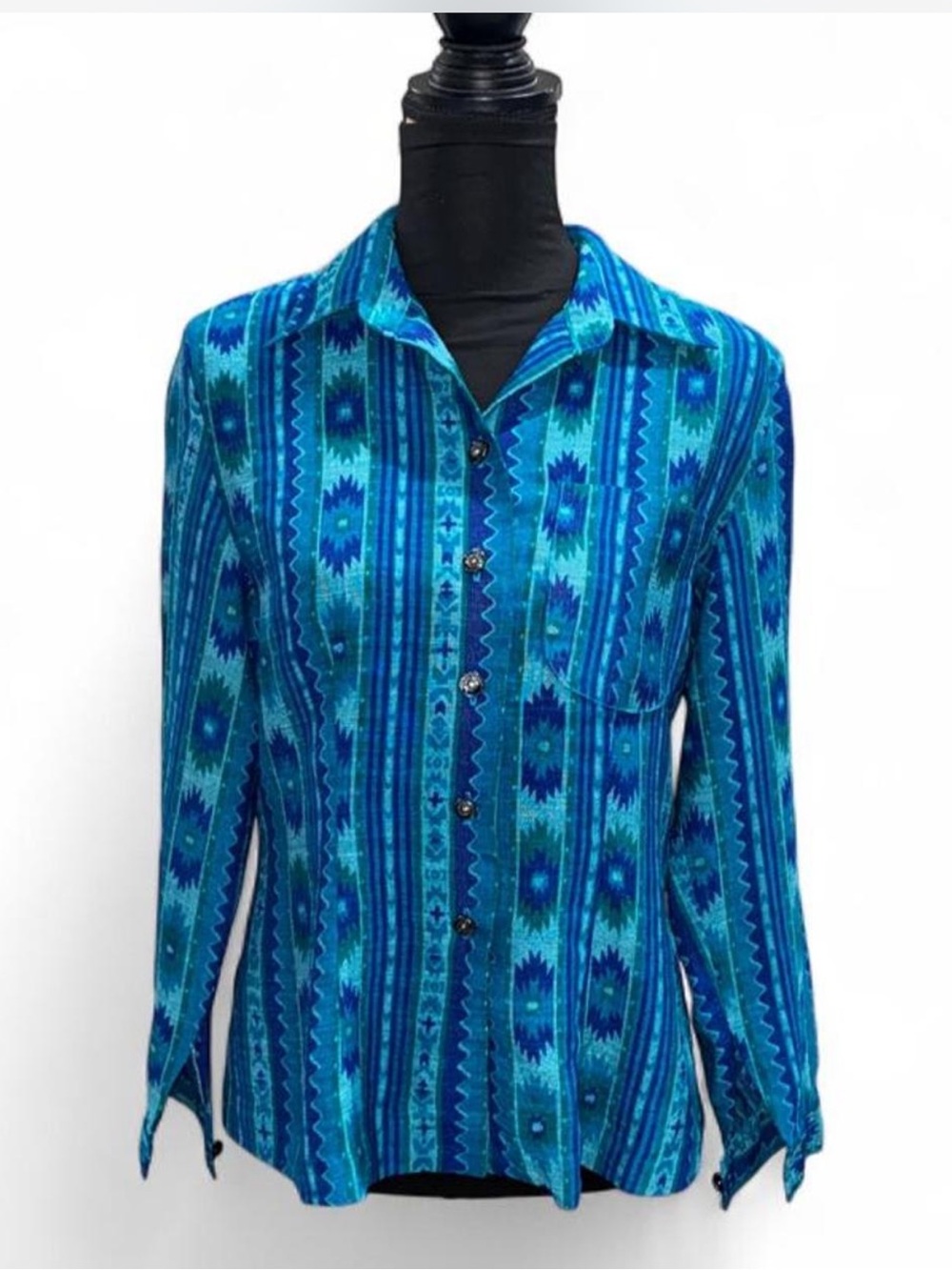 Vintage Teal & Cobalt Geo-Print Button Down Shirt